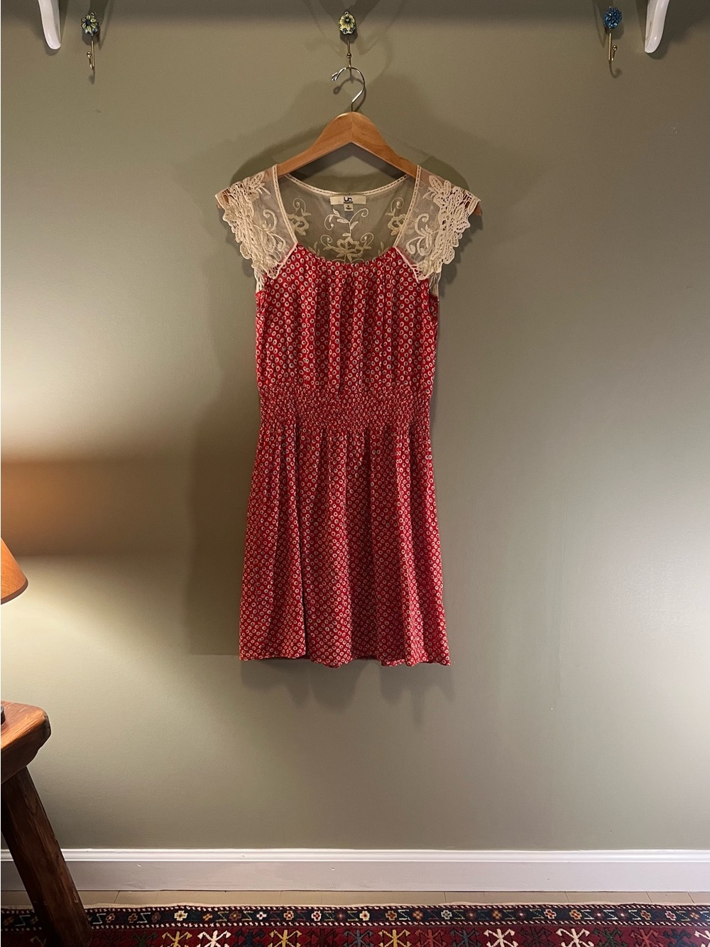 Ya Los Angeles Red Midi Dress with Cream‎ Lace Shoulders